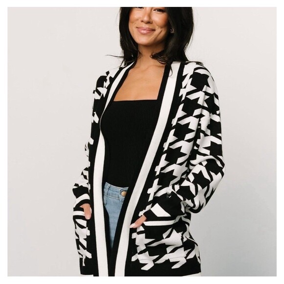 BALTIC BORN Leroy Houndstooth Knit Cardigan Medium Black White NEW Sweater Fall - Picture 1 of 9